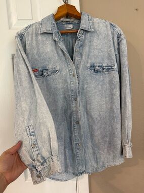 Jordache Light Blue Acid Wash Denim Button-Down Shirt